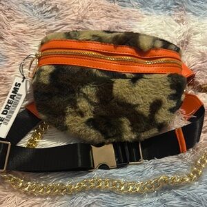 Camouflage Faux Fur Belt Bag with Orange Accents